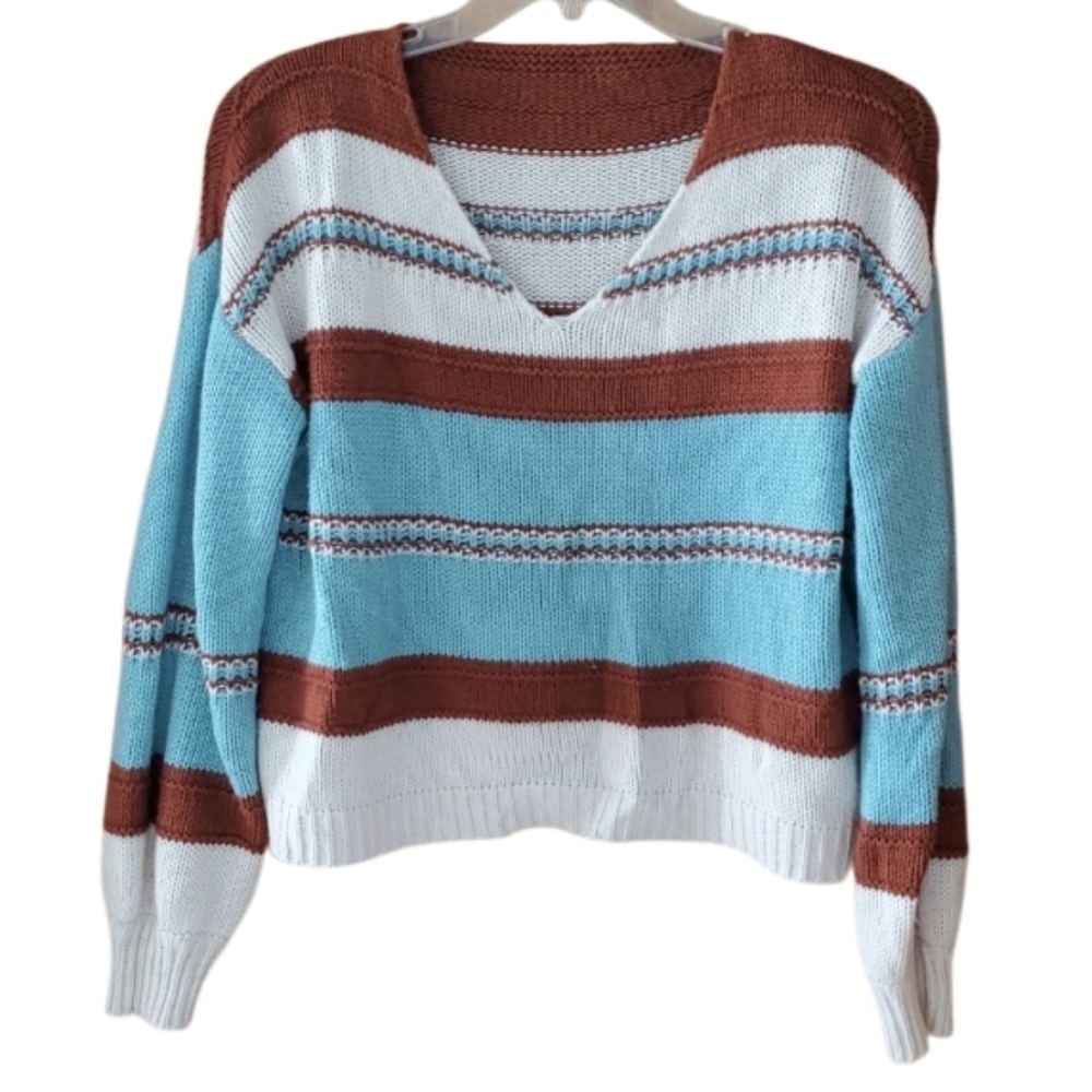 SHEIN‎ Turquoise & Brown Striped Western Acrylic Cropped Sweater Size Medium